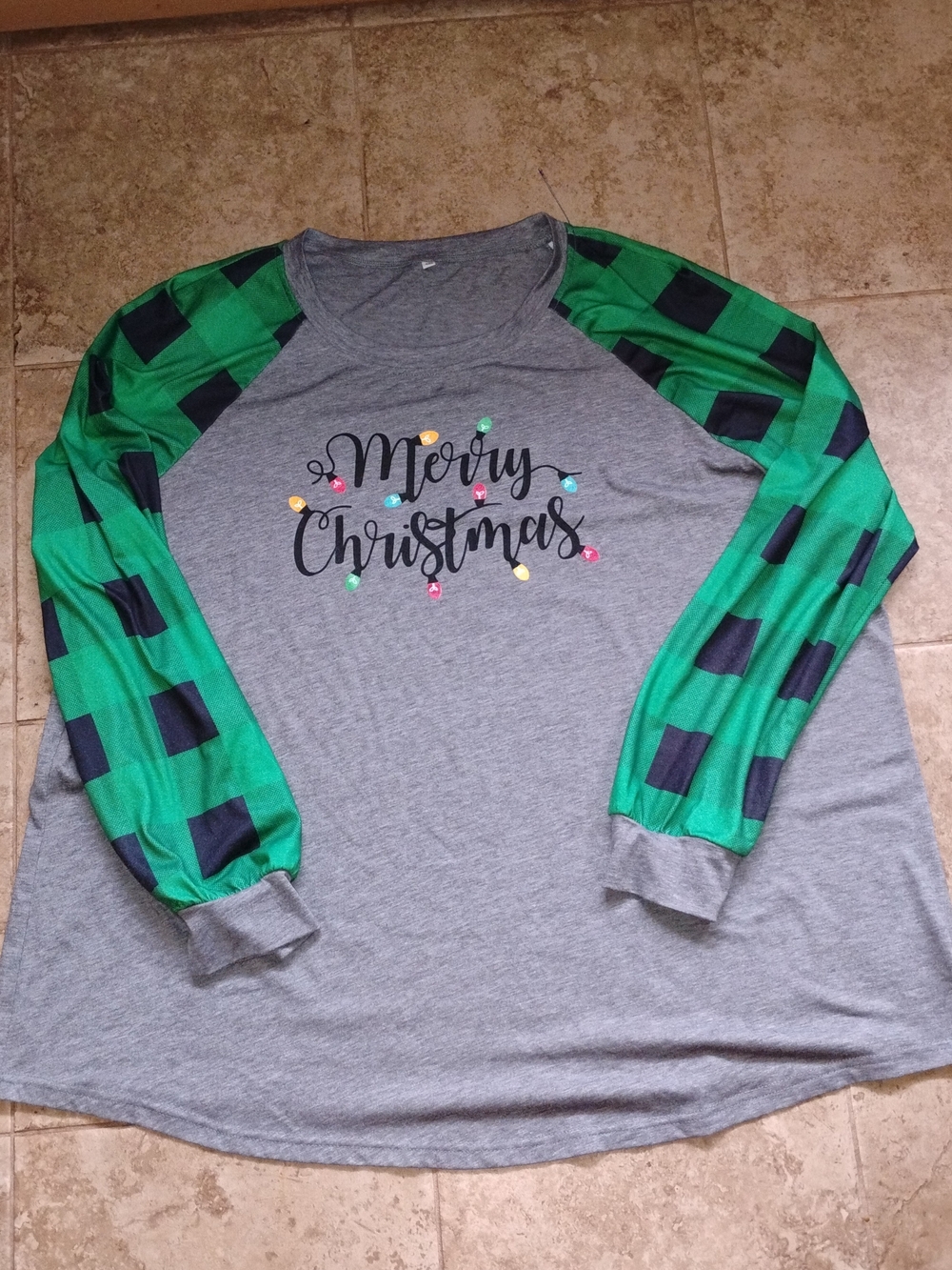 Merry Christmas Kids Long-Sleeve Shirt - Gray with Green Check Sleeves